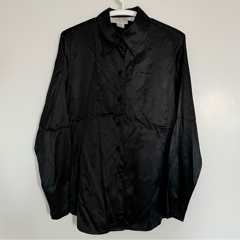Starington Blouses by Charlotte Black Silk Button-Down Shirt Size 14 (10-12) - Picture 3 of 11